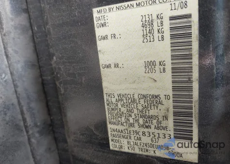 2009 Nissan Maxima 3.5 Sv from USA, damaged, VIN 1N4AA51E39C835133